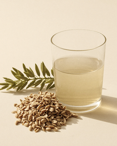 Postbiotic ferment in a glass beside grains and a green leaf sprig on a cream surface